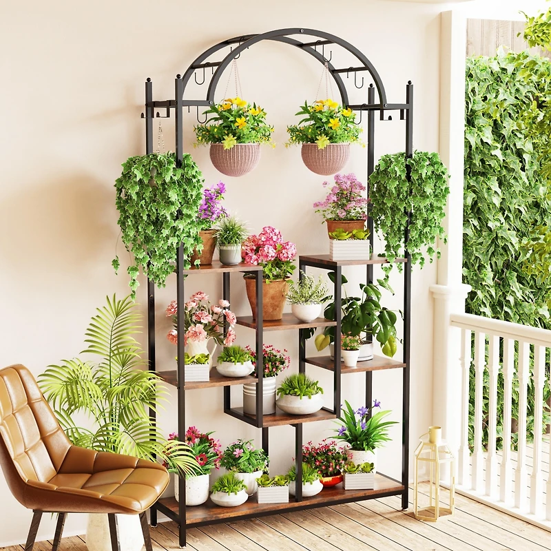 Unho 5-Tier Tall Plant Stand Arched Metal Flower Display Holder Hanging Hooks