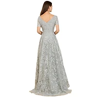 Lara Women's Short Sleeve Lace A-Line Dress with V-Neckline