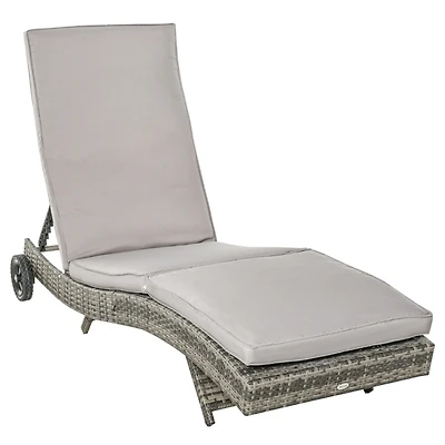 Chaise Lounge Pool Chair, Outdoor Pe Rattan Cushioned Patio Sun Lounger w/ 5-Level Adjustable Backrest & Wheels for Easy Movement, Wicker, Gray