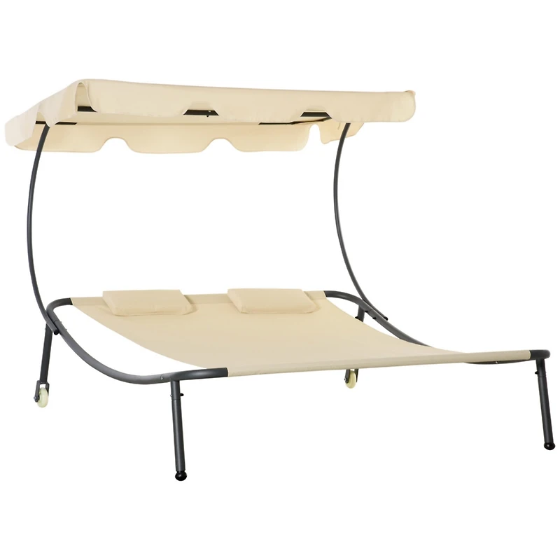 Patio Double Chaise Lounge Chair, Outdoor Wheeled Hammock Daybed with Adjustable Canopy and Pillow for Sun Room, Garden, or Poolside, Beige