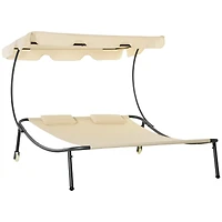 Patio Double Chaise Lounge Chair, Outdoor Wheeled Hammock Daybed with Adjustable Canopy and Pillow for Sun Room, Garden, or Poolside, Beige