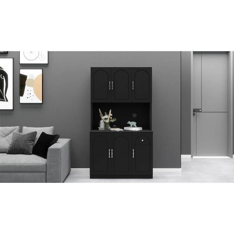 Simplie Fun 71" Kitchen Pantry Storage Cabinet with Microwave Oven Countertop, Freestanding Hutch Cabinet with Adjustable Shelves, 6 Doors and 1 Drawe