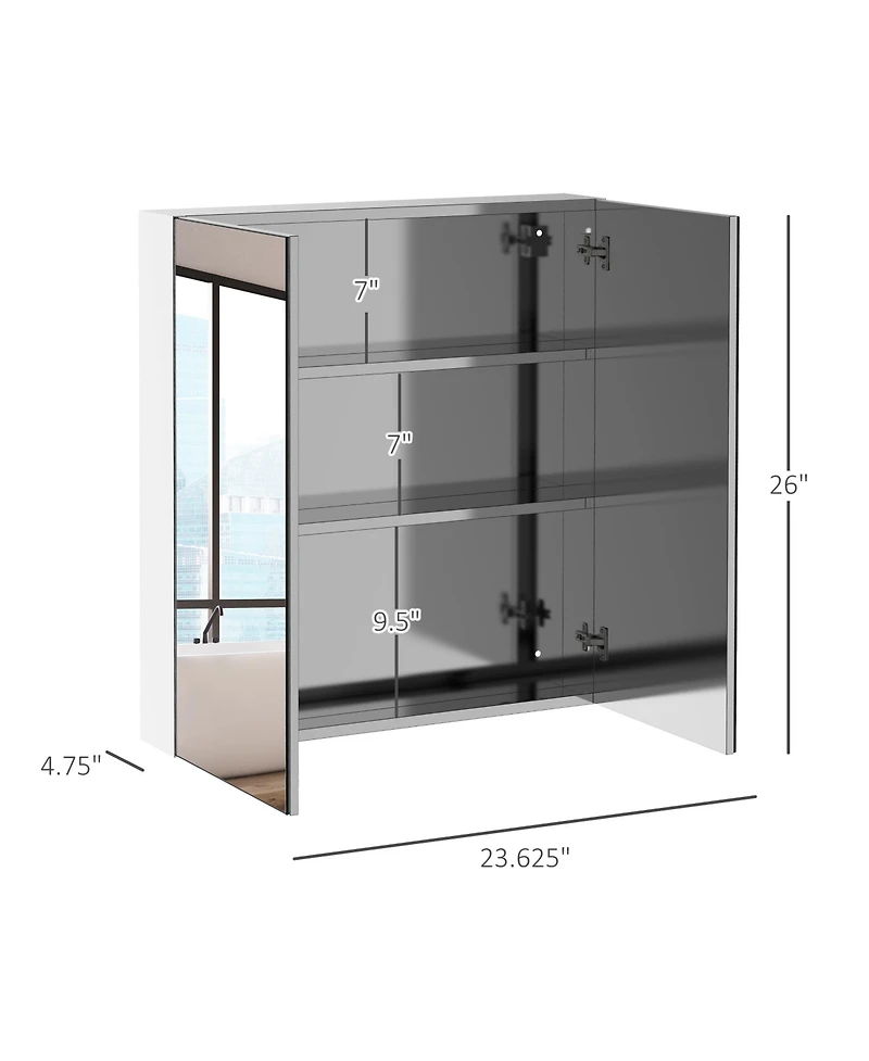 Bathroom Mirrored Cabinet, 24"x26" Stainless Steel Frame Medicine Cabinet, Wall-Mounted Storage Organizer with Double Doors, Silver