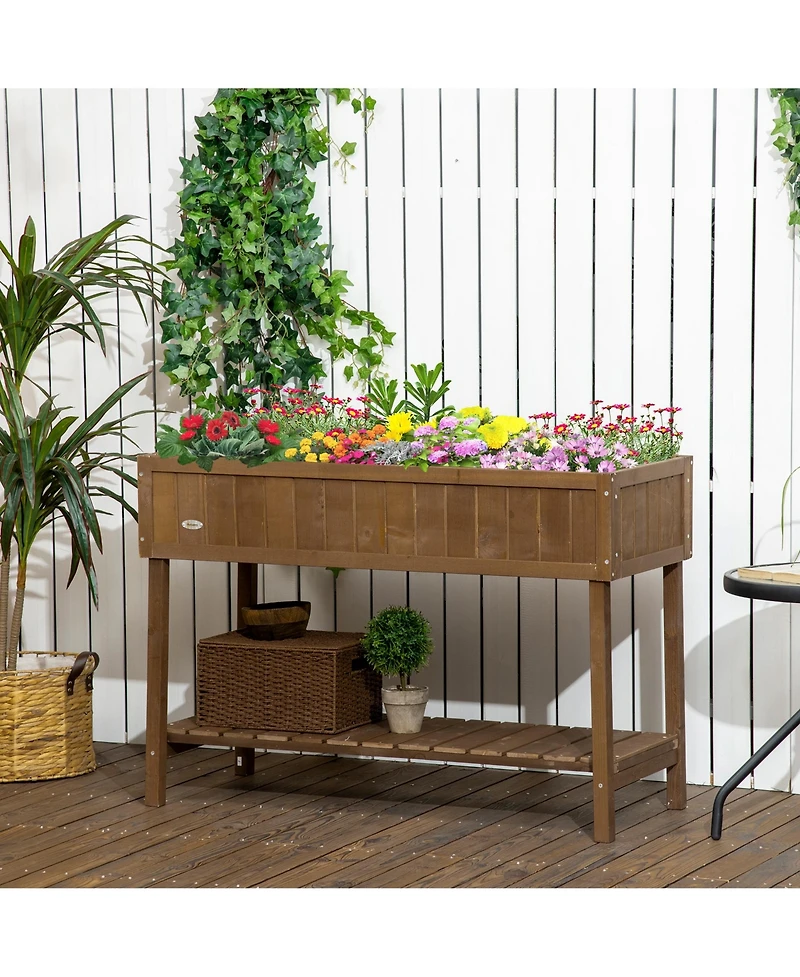 43x18x30in Raised Garden Bed with 8 Pockets and Shelf, Wooden Elevated Planter Box with Legs to Grow Herbs, Vegetables, and Flowers, Dark Brown