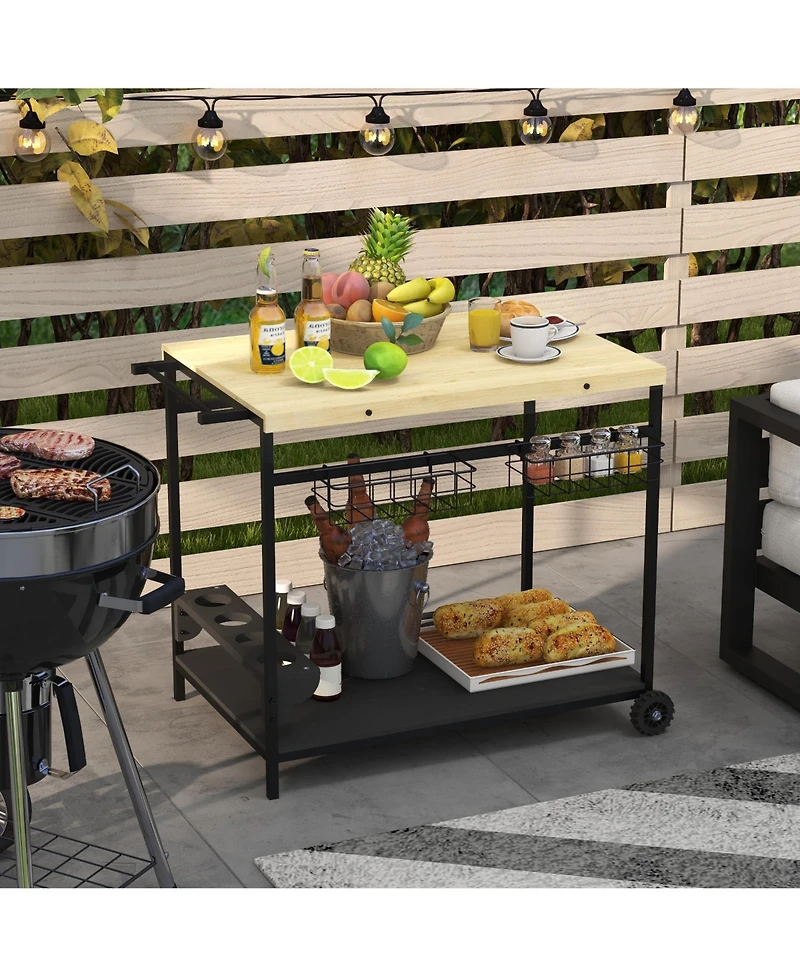 Outdoor Bar Cart, Patio Rolling Serving Cart with Wheels, Side Handle, 2 Baskets, 4 Wine Holders for Garden, Dining Room, Natural