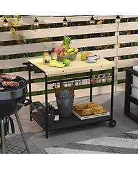 Outdoor Bar Cart, Patio Rolling Serving Cart with Wheels, Side Handle, 2 Baskets, 4 Wine Holders for Garden, Dining Room, Natural