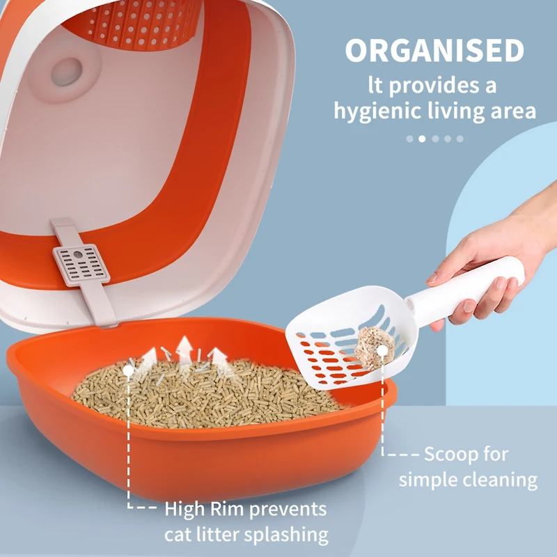 Cat Litter Box with Lid, Covered Litter Box w/ High Sides, Air Freshener, Large Two-Way Entrance Kitty Litter Box, Foldable, Easy Clean, Orange, and B