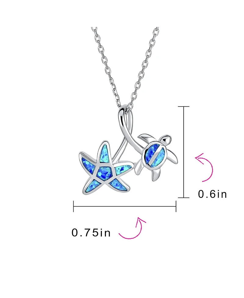 Bling Jewelry Nautical Tropical Beach Vacation Iridescent Blue Created Opal Inlay Sea Turtle Starfish Pendant Necklace .925 Sterling Silver