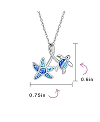 Bling Jewelry Nautical Tropical Beach Vacation Iridescent Blue Created Opal Inlay Sea Turtle Starfish Pendant Necklace .925 Sterling Silver