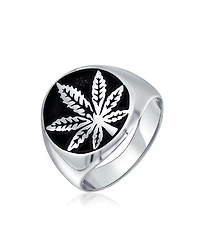 Bling Jewelry Flat Round Signet Ring Cannabis Leaf Medallion Oxidized .925 Sterling Silver