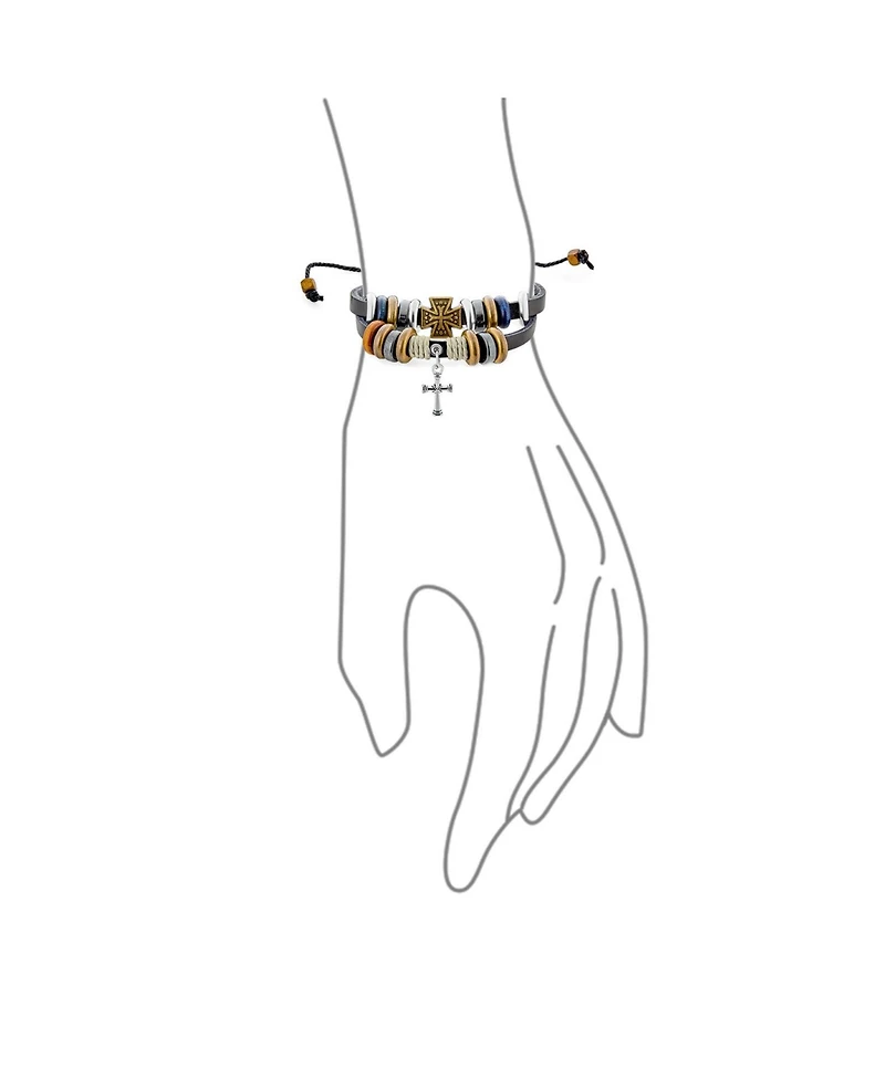 Bling Jewelry Retro Boho Cross Leather Rope Triple Wrap Multi Layer Charm Bracelet Adjustable