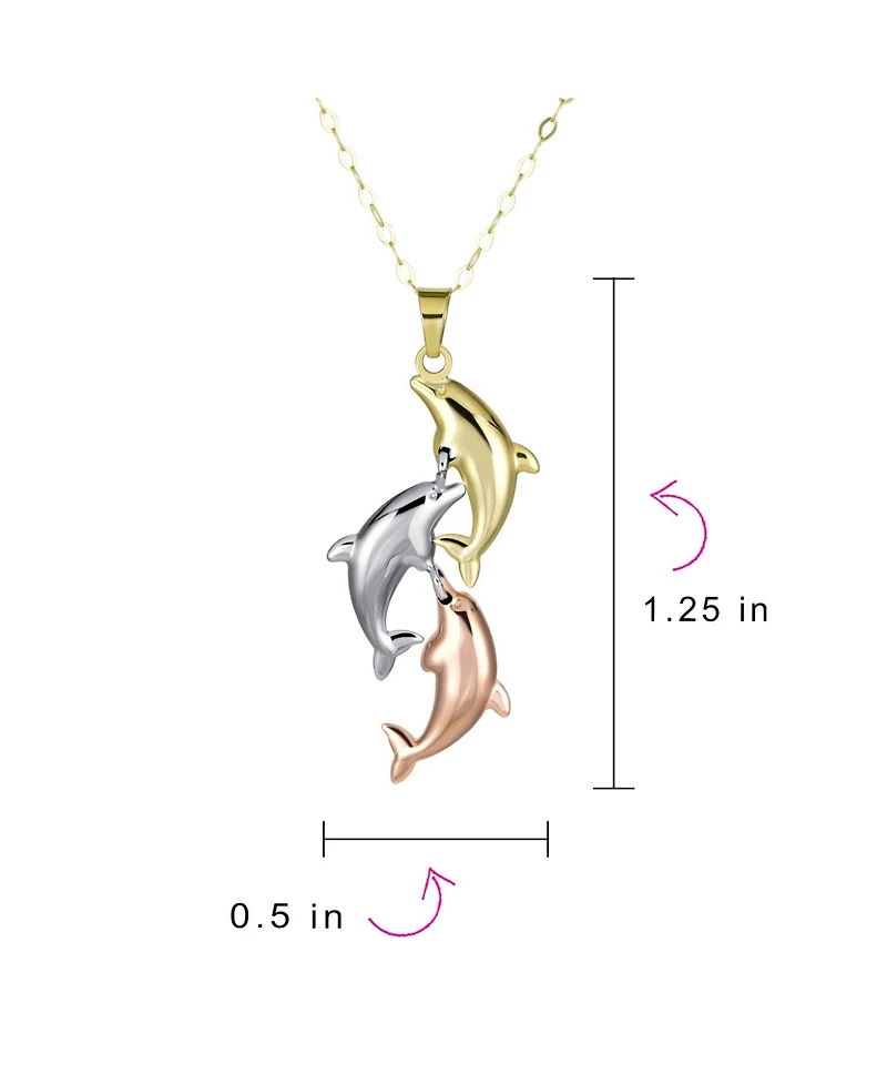 Bling Jewelry Vacation Real Tri Color 14K Yellow Rose White Gold Nautical Trio Sea Life Fish Charm 3 Dolphin Family Necklace Pendant No Chain