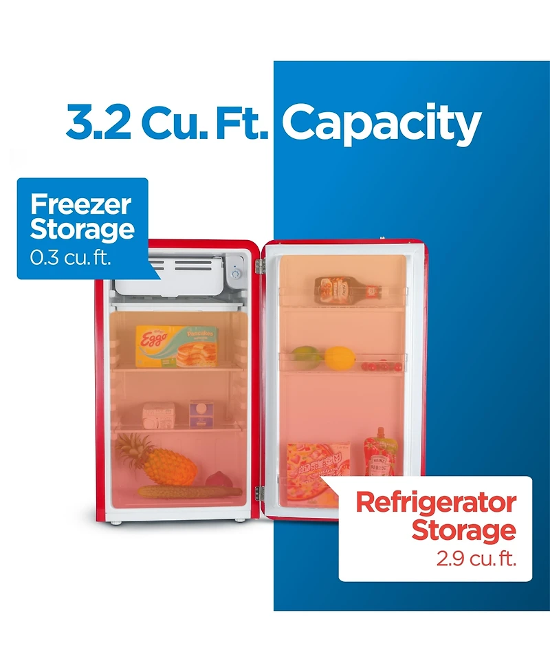 Commercial Cool 3.2 Cu. Ft. Refrigerator With Freezer, Vintage Style Refrigerator, Slide-Out Glass Shelves & Tall Bottle Storage, Retro Fridge