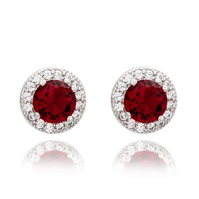 Suzy Levian Sterling Silver Round Cut Red Cubic Zirconia Halo Studs