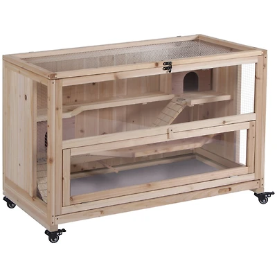 Extra Large Wooden Hamster Cage and Habitat Playground with 3 Ladders and 2 Huts, Syrian & Dwarf Hamster Small Animal Cage, Wheels, Pull-out Tray, Nat