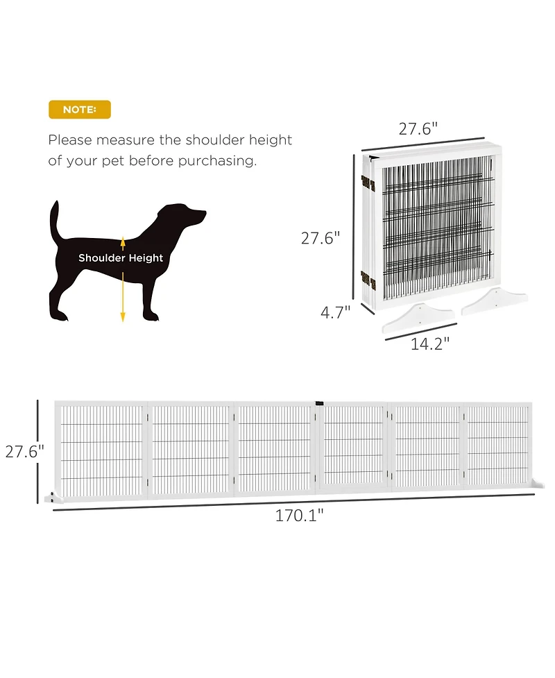 Wooden Dog Gate, 170" Freestanding Pet Gate, 6-Panel Foldable Dog Safety Barrier with 2 Support Feet for House Doorway Stairs, Small and Medium D