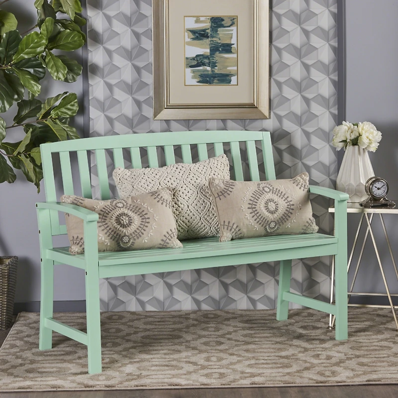 Farmhouse-Style Acacia Wood Bench In Light Mint
