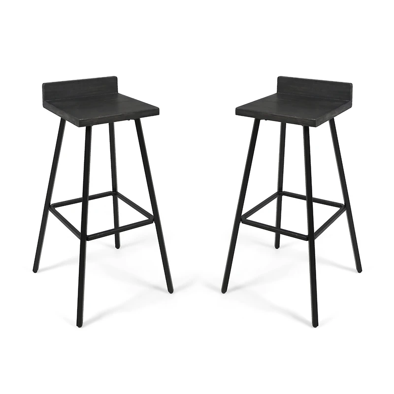 Bidwell Acacia Wood And Iron Bar Stools With Footrests