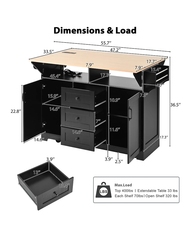 Streamdale Large Kitchen Island with Drop Leaf, Power Outlet, Storage