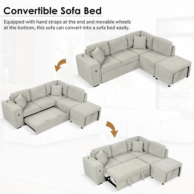 Simplie Fun 86.6" Sectional Sofa L-shaped Sofa Couch Pull-out Sofa Bed with a Movable Ottoman, Two Usb Ports and Two Cup Holders for Living Room, Gray