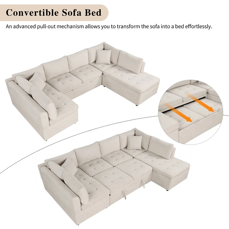 Simplie Fun 117.3" Oversized Sectional Sofa U- shaped Sofa Couch Pull-out Sofa Bed with Two Throw Pillows for Living Room, Beige