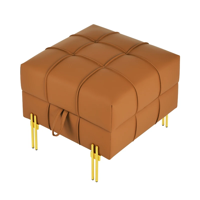 Streamdale Orange Leather Storage Ottoman with Golden Legs