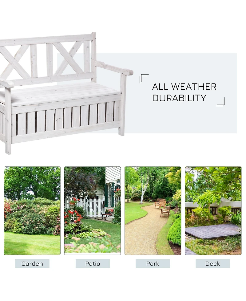 Patio Wooden Bench with Storage Box, 29 Gallon Outdoor Storage Bench, Large Entryway Deck Box w/ Unique X-Shape Back, for Deck, Porch & Balcony, White