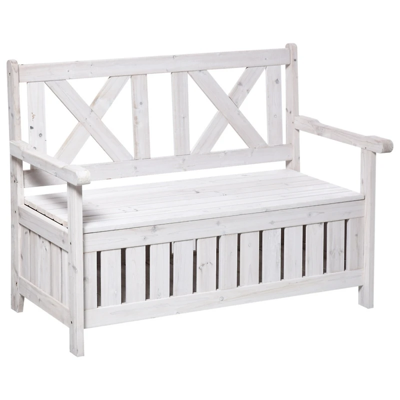 Patio Wooden Bench with Storage Box, 29 Gallon Outdoor Storage Bench, Large Entryway Deck Box w/ Unique X-Shape Back, for Deck, Porch & Balcony, White