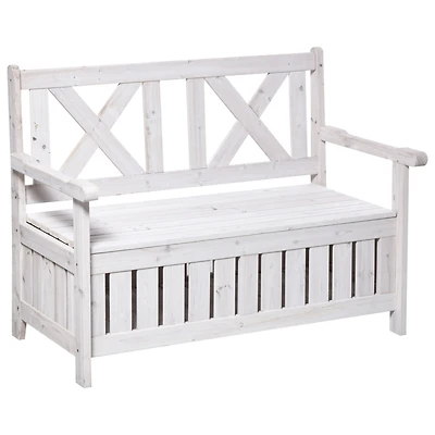 Patio Wooden Bench with Storage Box, 29 Gallon Outdoor Storage Bench, Large Entryway Deck Box w/ Unique X-Shape Back, for Deck, Porch & Balcony, White