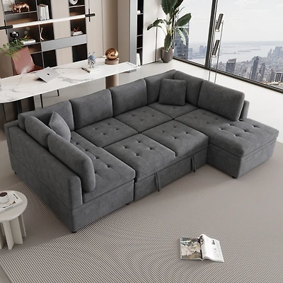 Simplie Fun 117.3" Oversized Sectional Sofa U- shaped Sofa Couch Pull-out Sofa Bed with Two Throw Pillows for Living Room, Gray