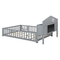 Simplie Fun Full-size Floor Beds with Bookcases and Blackboards, Versatile Platform Beds with Guard rails, Solid Wood Floor Beds with Storage Headboar