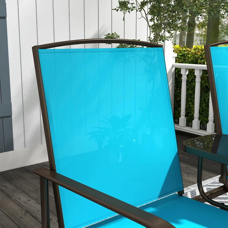 Outdoor Glider Bench with Center Table, Metal Frame Patio Loveseat with Breathable Mesh Fabric and Armrests for Backyard Garden Porch, Blue