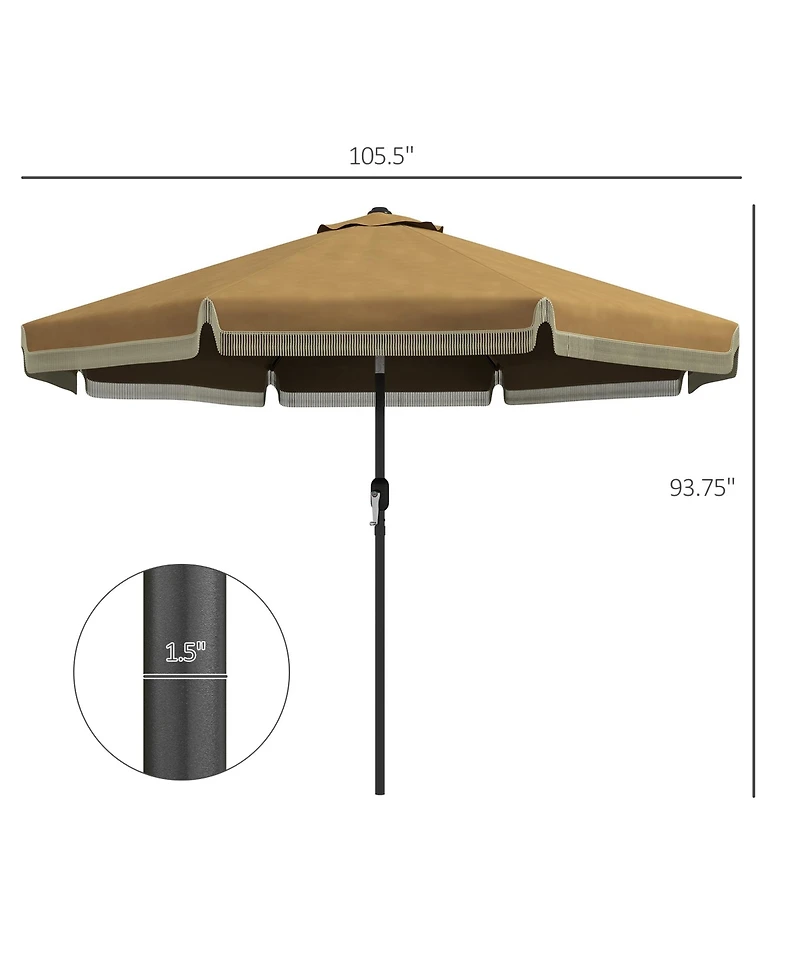 9ft Patio Umbrella with Push Button Tilt and Crank, Ruffled Outdoor Market Table Umbrella with Tassles and 8 Ribs, for Garden, Deck, Pool, Tan