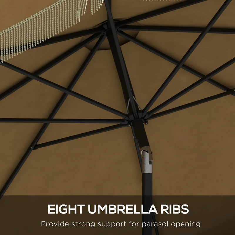 9ft Patio Umbrella with Push Button Tilt and Crank, Ruffled Outdoor Market Table Umbrella with Tassles and 8 Ribs, for Garden, Deck, Pool, Tan
