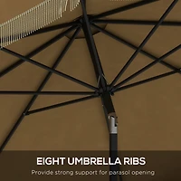 9ft Patio Umbrella with Push Button Tilt and Crank, Ruffled Outdoor Market Table Umbrella with Tassles and 8 Ribs, for Garden, Deck, Pool, Tan
