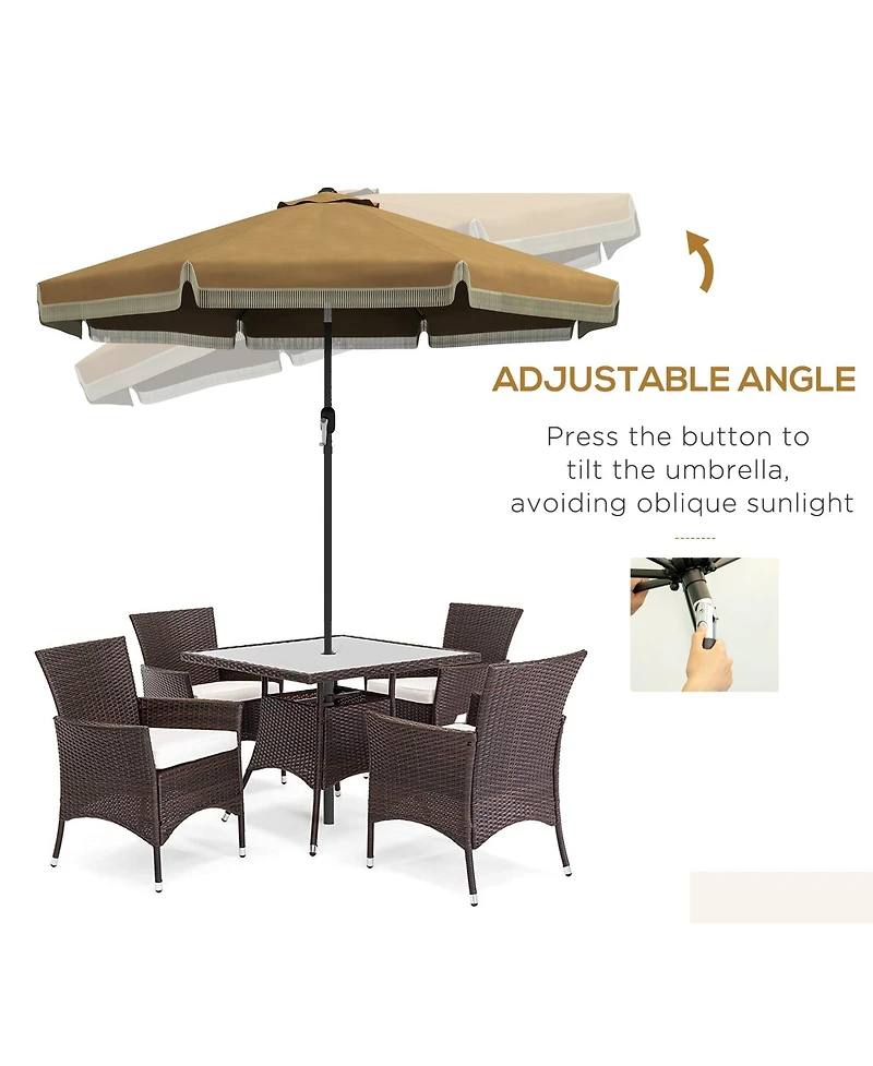 9ft Patio Umbrella with Push Button Tilt and Crank, Ruffled Outdoor Market Table Umbrella with Tassles and 8 Ribs, for Garden, Deck, Pool, Tan