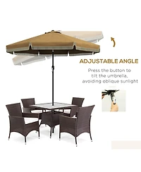 9ft Patio Umbrella with Push Button Tilt and Crank, Ruffled Outdoor Market Table Umbrella with Tassles and 8 Ribs, for Garden, Deck, Pool, Tan