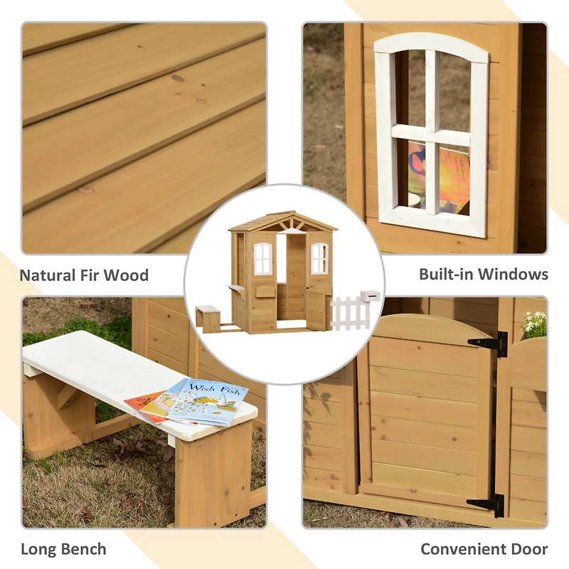Outdoor Playhouse for kids Wooden Cottage with Working Doors Windows & Mailbox, Pretend Play House for Age 3-6 Years