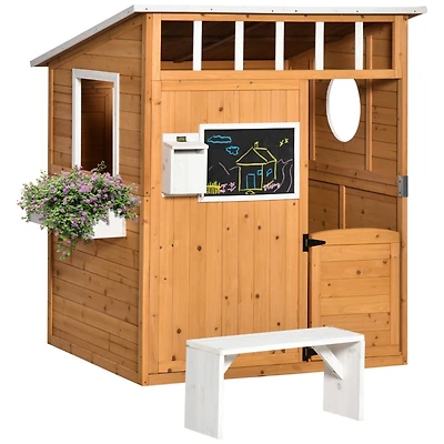 Streamdale Furniture Wooden Playhouse for Kids Outdoor with Working Door, Windows, Mailbox, Bench, Flowers Pot Holder, 48" x 42.5" x 53"