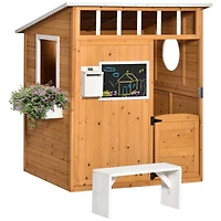 Streamdale Furniture Wooden Playhouse for Kids Outdoor with Working Door, Windows, Mailbox, Bench, Flowers Pot Holder, 48" x 42.5" x 53"