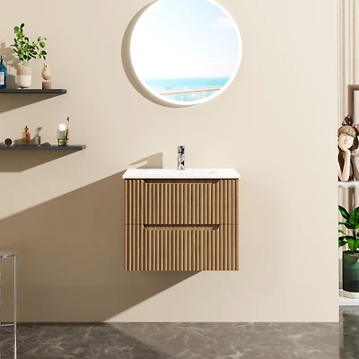 Goodyo 24" Wall-Mount Bathroom Vanity Cabinet with White Basin Sink Combo Floating, Walnut