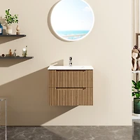 Goodyo 24" Wall-Mount Bathroom Vanity Cabinet with White Basin Sink Combo Floating, Walnut