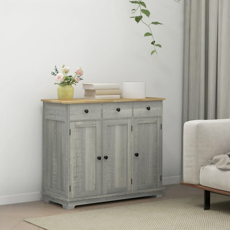 Sideboard with Solid Wood Countertop, Modern Kitchen Storage Cabinet, Coffee Bar Cabinet with 3 Drawers, Doors and Adjustable Shelf, Distressed Light