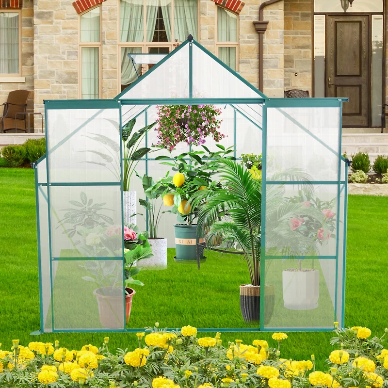 8x8 Ft Double Door Polycarbonate Greenhouse Raised Base and Anchor Aluminum Heavy Duty Walk-in Greenhouses for Outdoor Backyard in All Season, Green