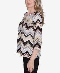 Alfred Dunner Petite Key Items Zig Zag Split Neck Top
