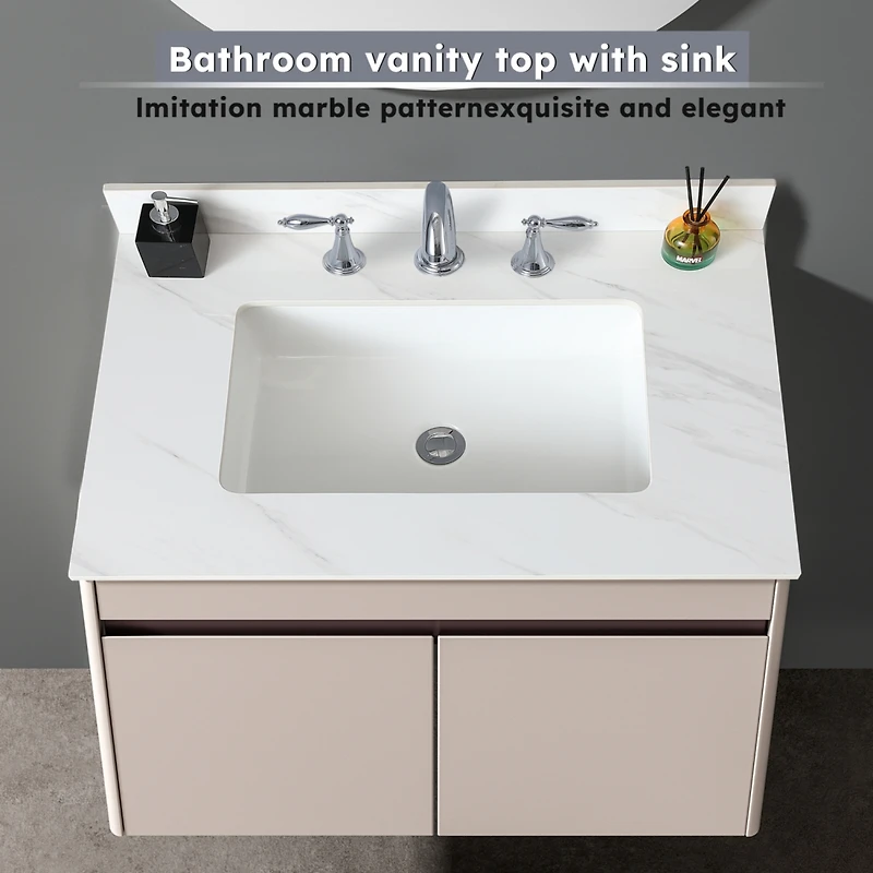 31 Inch Marble Vanity Top, White Vanity Top with Pre-drilled Faucet Holes, Bathroom Vanity Top with Undermount Rectangular Middle Sink and 4" Hei