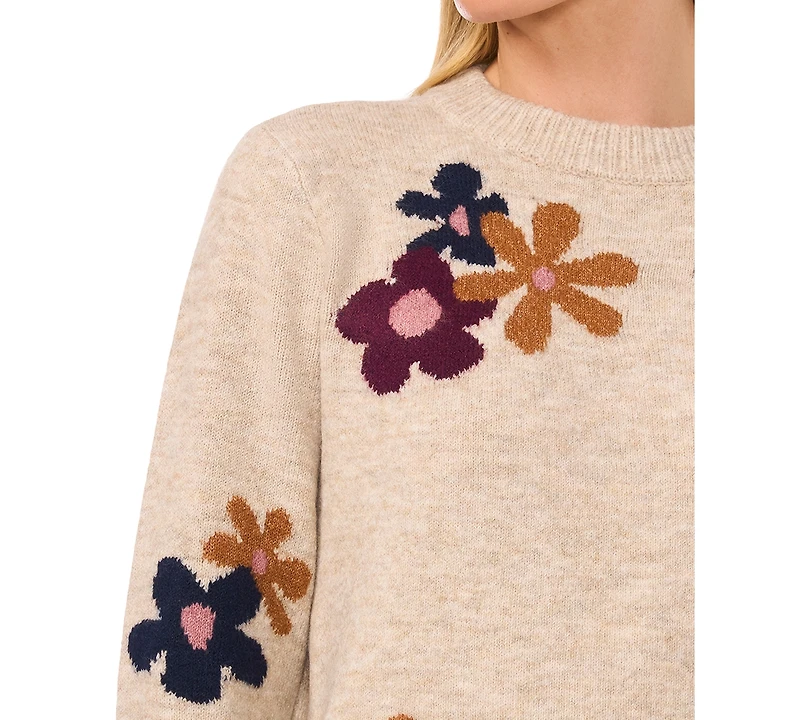 CeCe Women's Crewneck Flower Patterned Knit Long-Sleeve Sweater