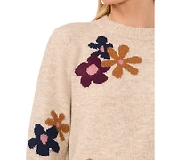 CeCe Women's Crewneck Flower Patterned Knit Long-Sleeve Sweater