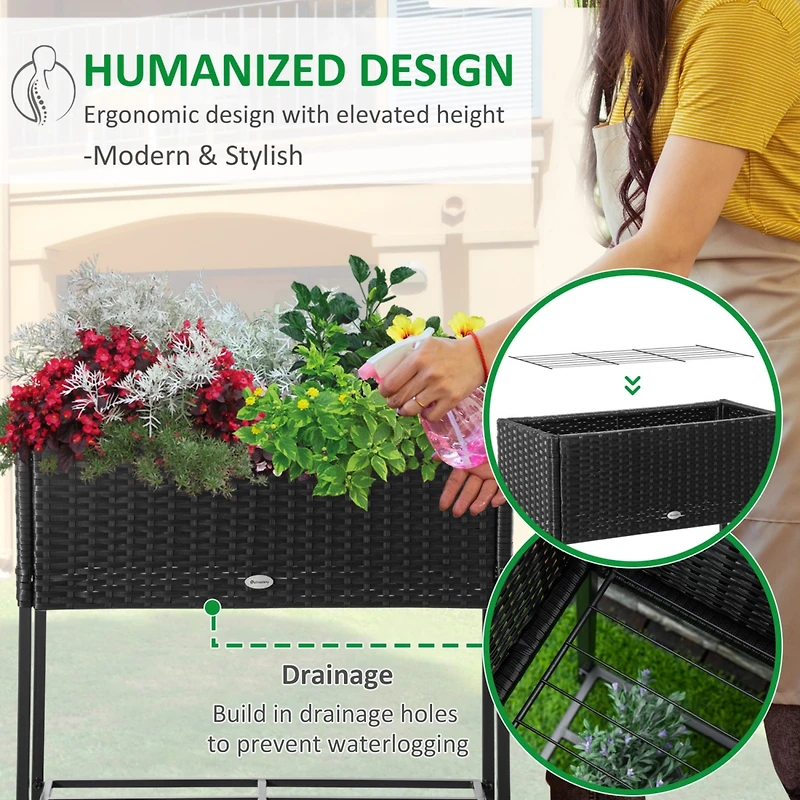 Raised Garden Bed, Elevated Planter Box with Rattan Wicker Look, Tool Storage Shelf, Portable Design for Herbs, Vegetables, Flowers, Black