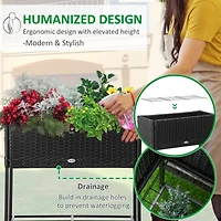 Raised Garden Bed, Elevated Planter Box with Rattan Wicker Look, Tool Storage Shelf, Portable Design for Herbs, Vegetables, Flowers, Black